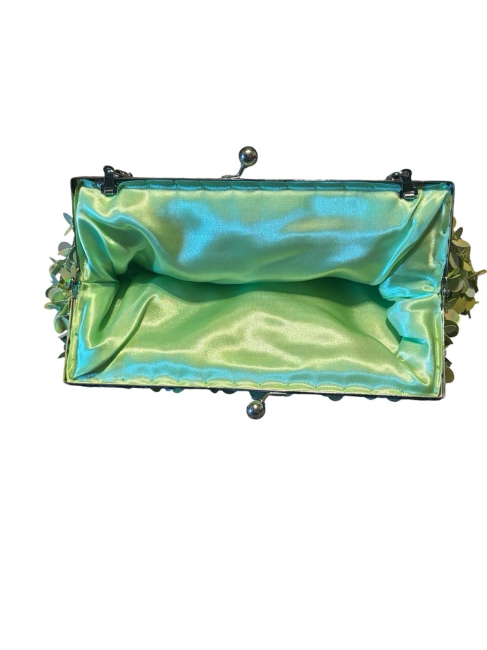 Retro Iridescent Chartreuse Sequin Clutch Kiss Lock Mermaid Y2K Evening Bag - Picture 2 of 3